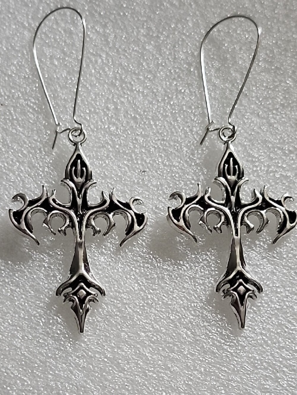 Hand Crafted Silver Gothic Cross Drop Earrings - Silver